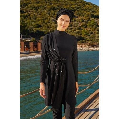 Beekeeper Store Adesa 4248 Chiffon Piece Lycra Black Model Hijab Swimwear Turkish' Muslim Swimsuit Burkinis Modest Clothing Islamic