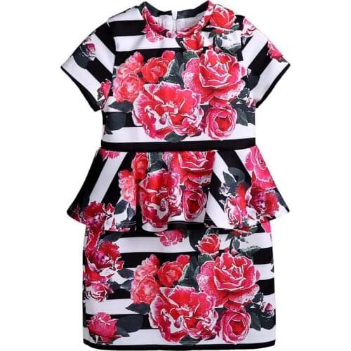 Girl Layered Dress Summer New Children Holiday Party Outfit Black and White Strip Printed Red Flower Size 3 5 7 Years Old