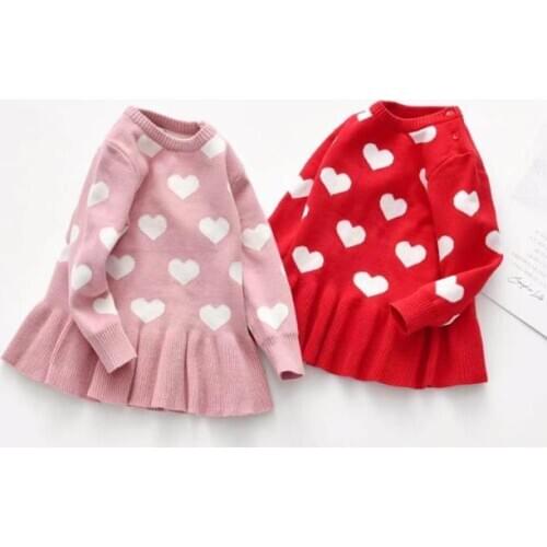 Autumn Winter Kids Girl Dress Wool Knitting Sweater Heart Printed Lace Short Pullover Girls Casual Dresses