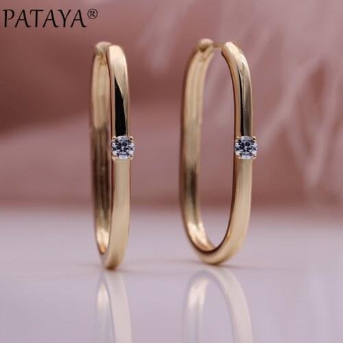 PATAYA New Unique Square Unusual Earrings 585 Rose Gold Symmetry Trendy Drop Earrings One Natural Zircon Women Fashion Jewelry