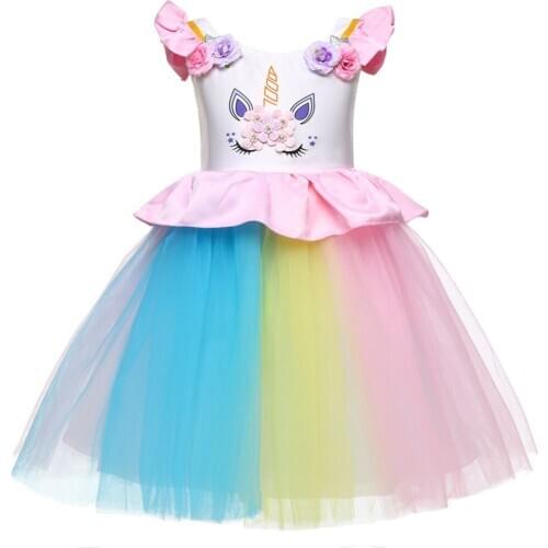 Girls Dress Unicorn Tutu Dress For Girls Pastel Rainbow Princess Girls Birthday Party Dress Kids Halloween Easter Costume
