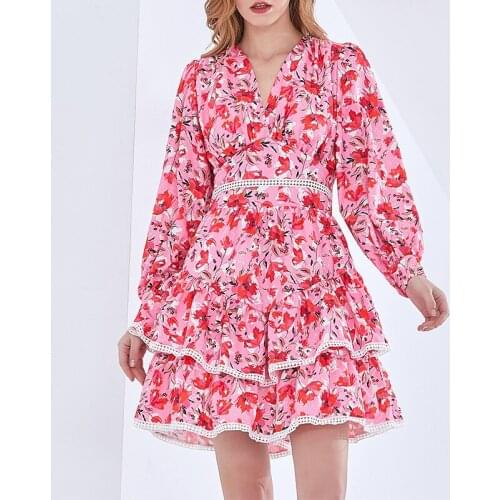 Plus Size XL XXL Elegant Women Summer Dress 2021 Sexy Long Sleeve Floral Print Cake Pleated Fashion High Waist A Line Dressess