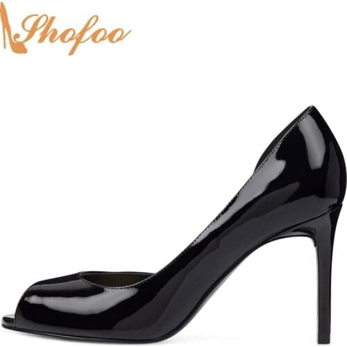 Two-Piece Casual Stilettos Pumps Ladies Woman Black Solid Fashion Large Size 11 15 Patent Leather Peep Toe Super High Thin Heels