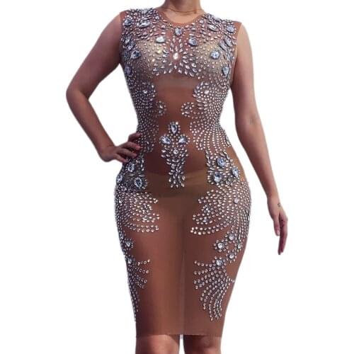 Sexy Silver Crystals Mesh Transparent Dress Rhinestones Evening Party Short Dress Singer Dress Womens Birthday Celebrate Dress