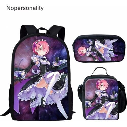 Nopersonality Junior School Girls School Bag Re Zero Pattern Bookbag and Lunch Pencil Bags 3in1 Set for Student Girl Mochila