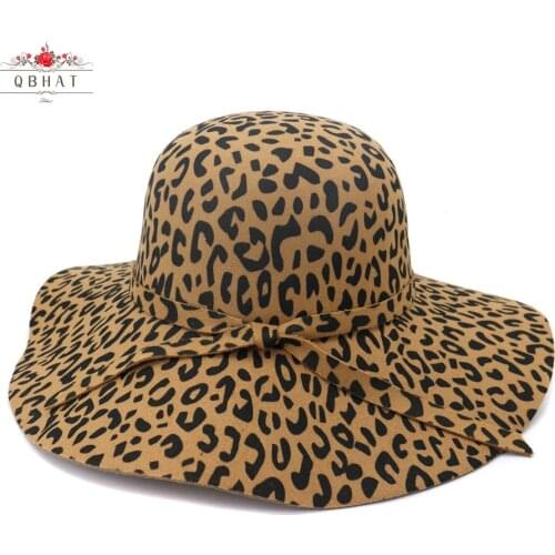 QBHAT Wide Wave Brim Artificial Wool Felt Fedora Hats Leopard Printting Women Floppy Hat Fashionable Female Dress Hat Sun Cap