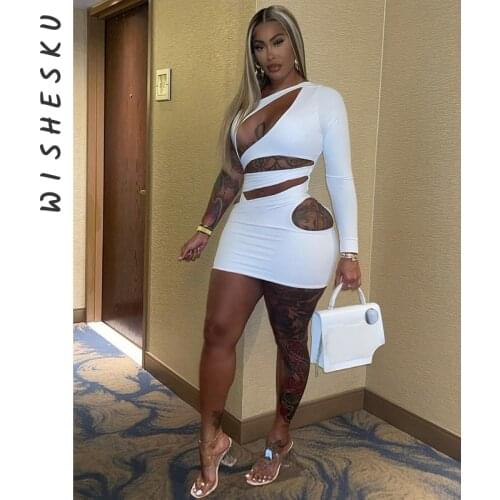 Sexy One Shoulder Cut Out Bodycon Dress Women Single Sleeve Backless White Mini Dresses 2021 Summer Party Club Outfits