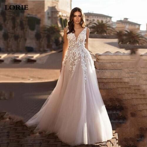 LORIE V Neck Beach Wedding Dresses 2020 Backless 3D Floral Appliqued Lace Bridal Gowns Tulle vestido de novia Wedding Gowns