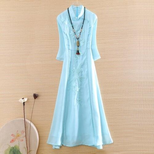 High-end Spring And Summer Women Cheongsam Dress Retro Elegant Embroidery Peacock 3/4 Sleeve Slim Lady Party Qiapao Dress S-XXL