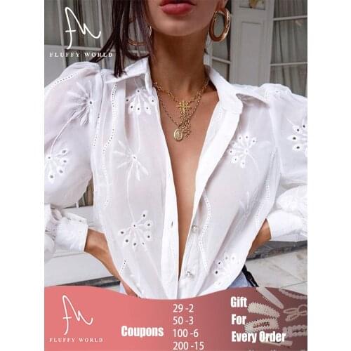 Womens Tops and Blouses Elegant Long Puff Sleeve White Turn-down Collar OL Casual Ladies Embroidery Hollow Out Female Shirt