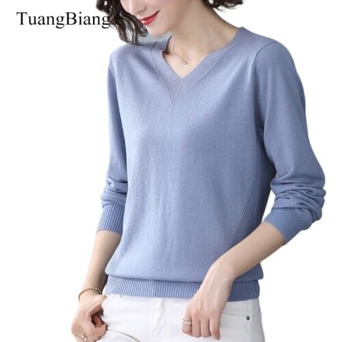 2021 Autumn Spring V-Neck Long Sleeve Women Sweaters Solid Color Knitting Ladies Blue Pullovers Thin Casual Cotton Wool New Tops