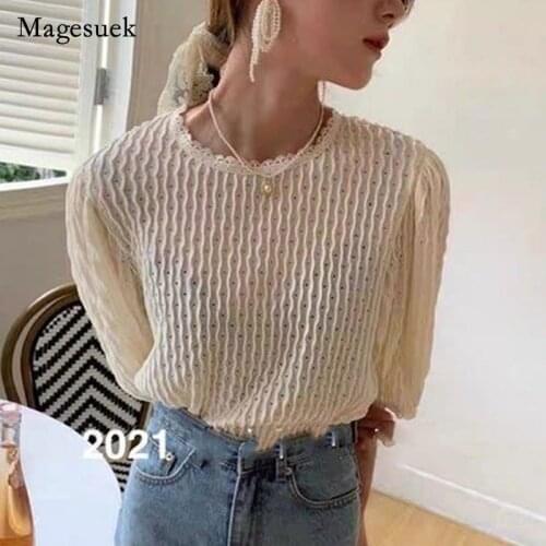 Spring 2021 New Korean Loose O-Neck Lace Edge Chiffon Blouse Wave Ripple Polka Dot Bubble Half-Sleeve Bottoming Tops White 13763