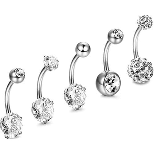5pcs 14G Stainless Steel Belly Button Rings for Women Crystal CZ Ball Screw Navel Bars