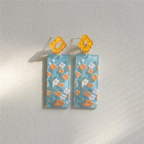 AOMU 2021 Simple Retro Blue Acrylic Floral Flower Earrings Geometric Rectangle Long Drop Earrings for Women Party Accessories