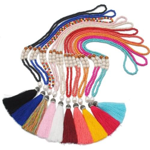 Bohemian Ethnic Tassel Necklace Natural Turquoises Stone Pearl Crystal Paved Long Necklace for Women Boho Sweater Chain Jewelry