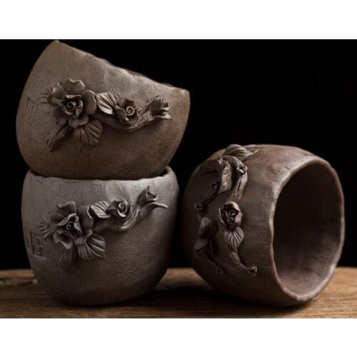 Japanese-style Stoneware Teacup Hand-made Modern Household Ceramic Retro Tea Cup Tea Bowl Three-dimensional Flower Teacup Single