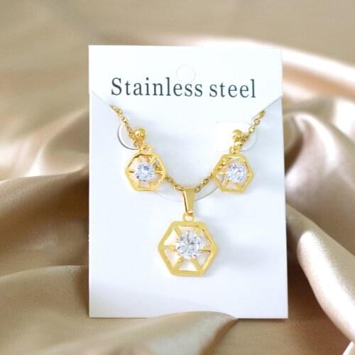 LUXUKISSKIDS Hexagon With Cubic Zircon Pendant Necklaces Earrings Sets For Women Party Jewelry Set Factory Direct parures bijoux