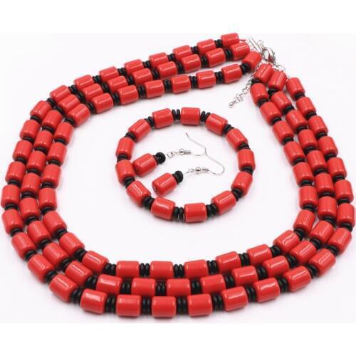 African Style Jewelry Set for Statement Women Necklace Earrings Bracelet Faux Resin Ambers Beeswax Beads Orange Sets 17-19" A526