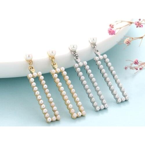 Korean Fashion Full Pearl Square Drop Earrings Gold Color Metal Hollow Geometric Long Dangle Earrings for Women Wedding Jewelry