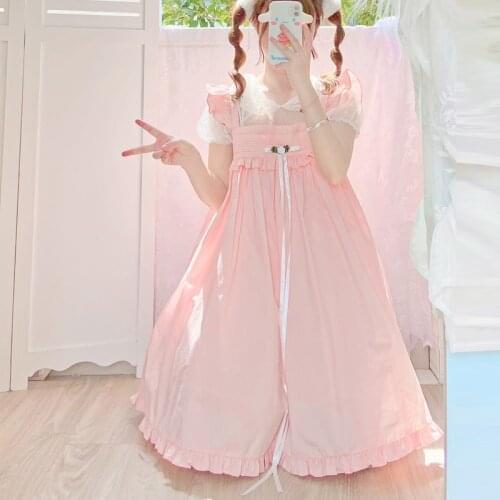 Sweet Soft Girl Japanese Lolita Dress Kawaii Lace Up Flying Sleeves Bow Princess Pink Dress Women Sleeveless Loli Strap Dress