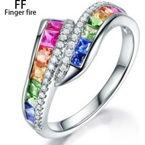 925 Sterling Silver Ring Rainbow Square Zircon Diamond Rings for Women Beauty Engagement & Wedding Temperament Jewelry Rings