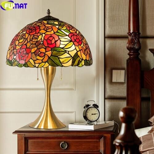 FUMAT Tiffany Style Red Rose Bouquet Table Lamp Plum Blossom Blue Desk Light Gold Alloy Frame Stained Glass Home 3D Art Romance