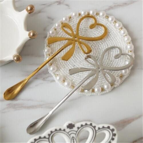 New 3D Bow Knot Heart Shaped Mini Coffee Spoon Tea Dessert Spoon Hanging Spoon Glod Silver Spoon Stainless Steel Flatware