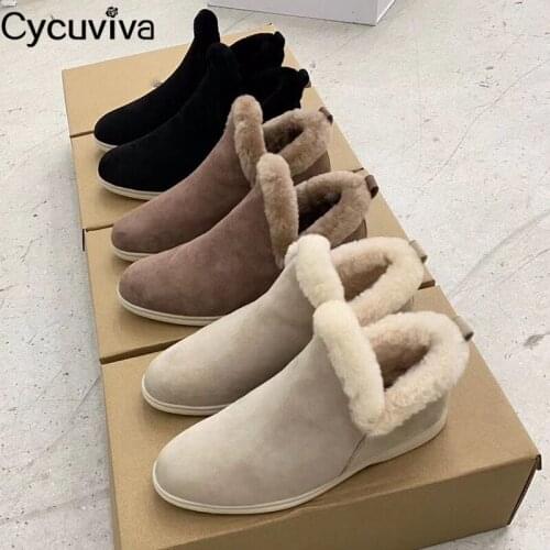 New Cow Suede Wool Winter Boots Warm Flat Loafers Shoes Women High Top Ankle Boots For Women Runway Casual Short Womens Boots