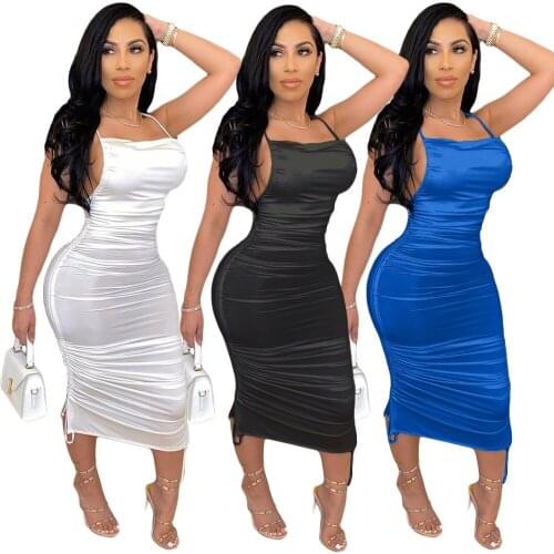 Zoctuo Solid Casual Dress Backless Spaghetti Straps Sexy Midi Dresses Fashion Pleated Lace Up Slit Skinny Party Cocktail Dresses