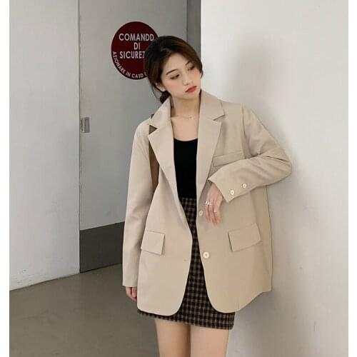 Autumn Casual Blazers Women Notched Collar Female Suits Single-breasted Long Sleeve Loose Solid Buttons Back Outerwear C035