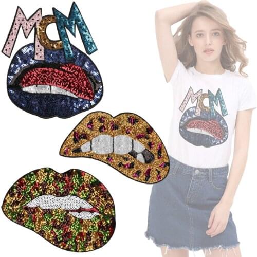 Sequins Embroidery Patches Big Mouth Iron on Patch Colorful Lips MCM Stickers Thermo Adhesive Girls Clothes DIY Sewing Supplies