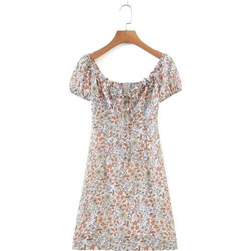 Girls Dress Za Floral Print Square Collar Tie Up Sheath Mini Dress Short Sleeve Sheath Women Dress Elegant Sexy Mujer Vestidos