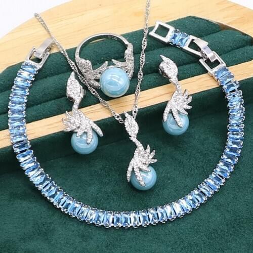 Blue Pearl White Zircon 925 Silver Jewelry set for Women Bracelet Earrings Necklace pendant Ring