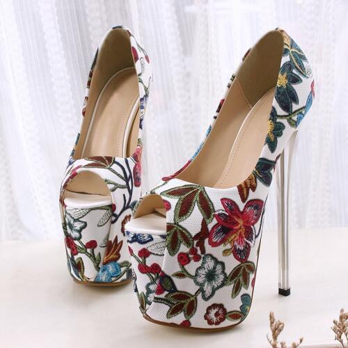 34--43 Women Shoes Peep Toe Flowers High Heels 19cm with Platform Female Pumps Print Leather Lady Sexy Party Wedding Shoes MC-77