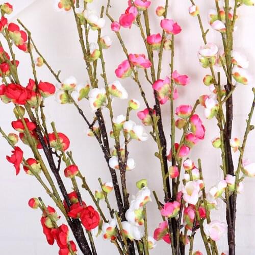 Cherry Red Plum Blossom Artificial Flowers Long Bouquet Peach Branch Silk Tree Flower Bud For Home Garden Wedding Decoration