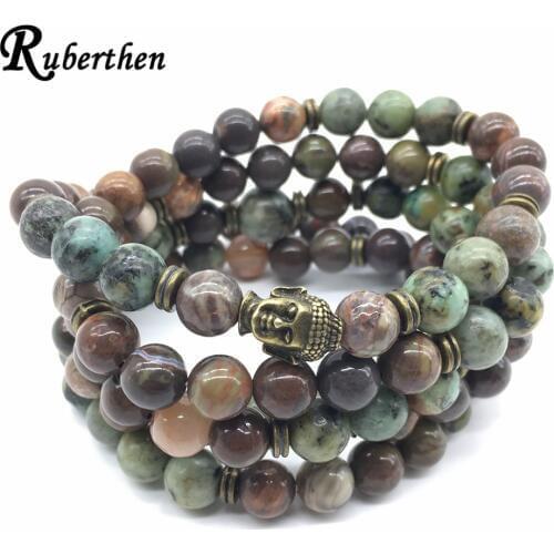 Ruberthen High Quality Design Buddhist Head Bracelet African Turquise Ocean Jaspeer Necklace Trendy 108 Mala Healing Bracelet