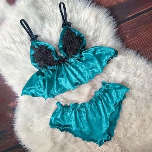 Women V-neck Eyelash Beaded Sexy Camisole Babydoll Lingerie Lace Patchwork Top + Bowknot Shorts Sleepwear Nightdress Pajamas