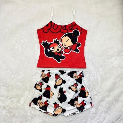 Plus size women clothing two piece set Powerpuff Girls Cartoon print Sling top+High waist shorts 2021 summer womens shorts sets