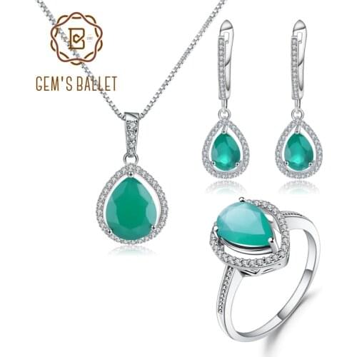 GEMS BALLET 925 Sterling Silver Pear Shape Gemstone Jewelry Set Natural Green Agate Pendant Earrings Ring Set For Women