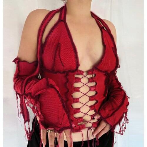 Backless Halter Ribbed Tie Front Top Women Long Sleeve Hollow Out Lace Up T Shirts Patchwork Sexy Hot Bodycon Crop Top