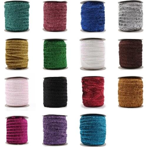 1PC=50Y 3/8"=10MM OEM Highly-flexible Elastic Glitter Velvet Ribbon Ornaments Solid Metallic Nylon Band for Hair Accessories