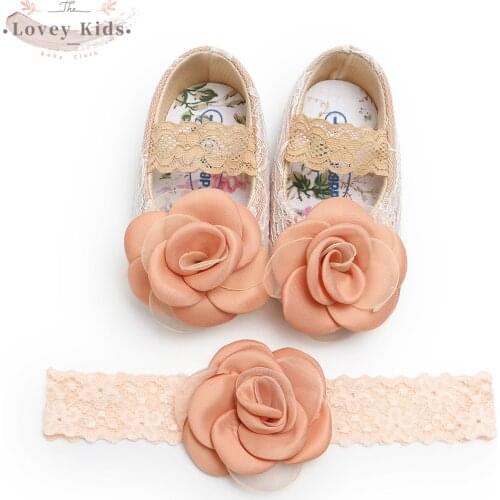 2021 Toddler Baby Girl Shoes Casual Flower Floral Lace Patchwork Princess First Walkers Sweet Fashion with Headband 2PCS Set