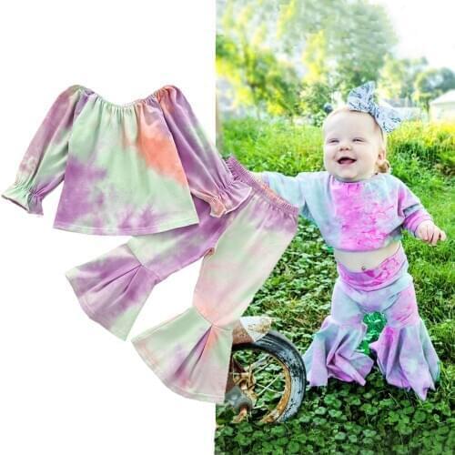 2020 New Fashion Baby Girl Tie-dye Suit Long Sleeves + Flared Pants Elastic Band Lotus Leaf Decoration Cozy Autumn Clothing Sets