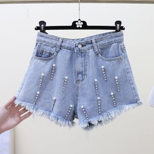 2021 Women Spring Summer Elegant High Waist Denim Shorts Lady Casual Plus Size Wide Legs Shorts Female Solid Beading Shorts H778