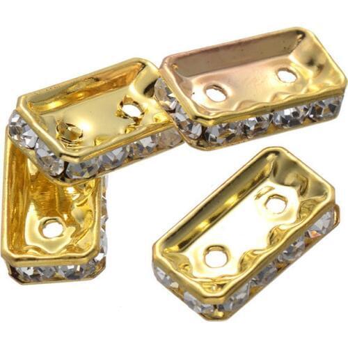 50PCS Metal Two Holes Eight Clear Rhinestone Rectangle Shape Loose Beads