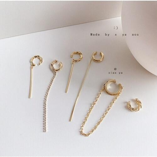 New Simple Gold Metal Asymmetry Long Tassel No Piercing Ear Cuff Crystal Hook Clip Earrings for Women Jewelry Gift