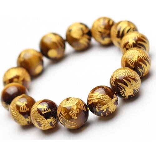 14mm Natural Tiger Eye Carved Dragon Gemstone mala Bracelet Healing Stretchy Reiki Monk yoga Stretchy pray energy Tibet silver
