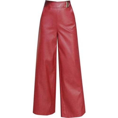 Women Black PU Leather Wide Leg Pants Autumn Winter Thick High Waist Ankle Length Office Ladies Loose Skirt Pants Pantalon Femme