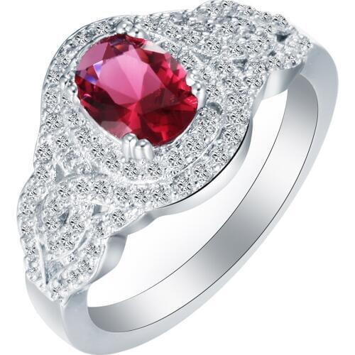 Hainon Elegent Silver Color Rings Red Rhinestone Paved with White CZ Zircon Wedding Engagement Gift Luxury Promise Ring