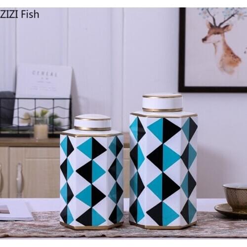 European Art Flower Vase with Lid Modern Living Room Office Desktop Geometric Pattern Ceramic Storage Tank Ornament Family Vases